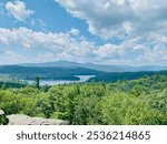 NEW YORK - August 6, 2021: view from top of mountain overlooking North-South Lake in Eastern Catskills