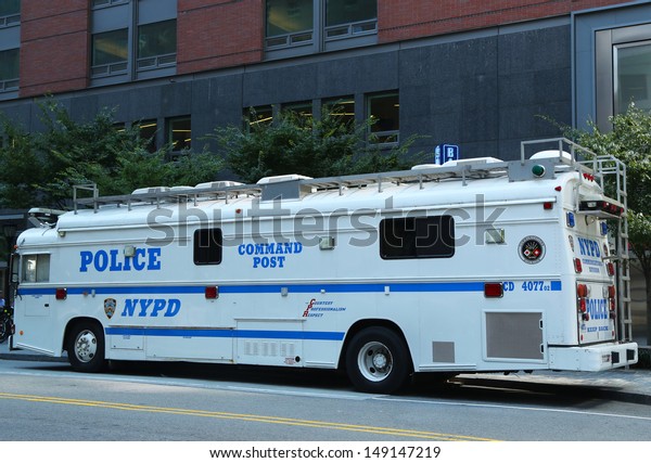 NEW YORK - AUGUST 6:NYPD Command\
Post in the World Trade Center area of  Manhattan  on August 6,\
2013. NYPD on high alert after terror threat in New York\
City