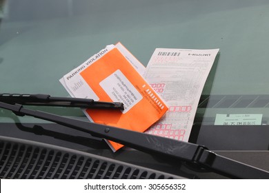 NEW YORK - AUGUST 8, 2015: Illegal Parking Violation Citation On Car Windshield In New York