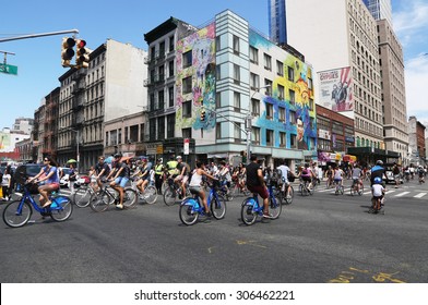 NEW YORK - AUGUST 8, 2015: Bicyclists At Lafayette Avenue During Summer Streets Saturday In New York. Summer Streets Is An Annual Celebration Of New York City's Most Valuable Public Space Our Streets