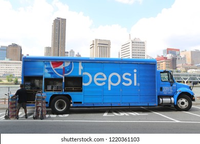 NEW YORK - AUGUST 9, 2018: Pepsi delivery track at Roosevelt Island in New York. Pepsi is a carbonated soft drink manufactured by PepsiCo