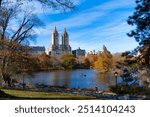 New York autumn fall. Autumnal season in central park. Seasonal cityscape in autumn or fall season. New York. NYC. Central Park. Autumn beauty of nature. Nature in city park. Fall cityscape in park