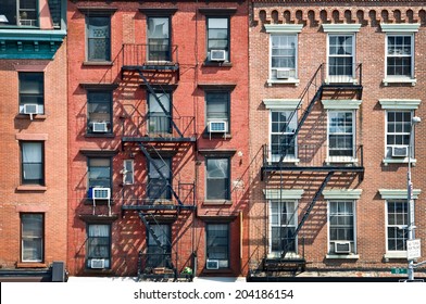 New York brick buildings with outside fire escape stairs, USA