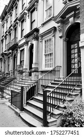 New York Brownstone - Old Townhouses In Turtle Bay Neighborhood In Midtown Manhattan. Black And White Retro Style.