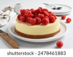 New York cheesecake with raspberries on a white concrete background