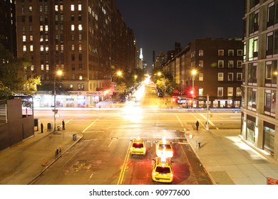 NEW YORK - CIRCA 2011 (TIME-LAPSE): Taxis Wait At A Red Light In Manhattan In This Timelapse View Circa 2011 In New York City.