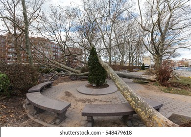 New York - CIRCA 2012: Consequences Of Sandy The Hurricane. Superstorm Sandy Was The Most Destructive Hurricane Of The 2012 Atlantic Hurricane Season.