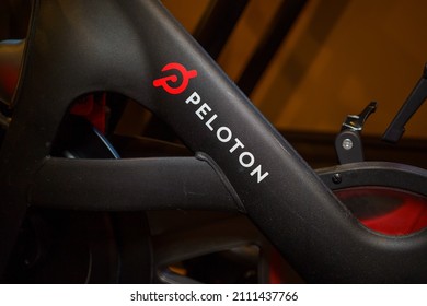 New York - Circa 2022: Peloton Logo On The Base Of Flagship Stationary Exercise Bike Setup For Fitness Riding Use