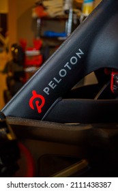 New York - Circa 2022: Peloton Logo On The Base Of Flagship Stationary Exercise Bike Setup For Fitness Riding Use