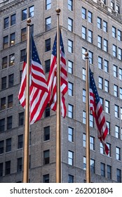 New York, Circa Dec 2014: USA Flags In Front Madison Square Garden Entrance In Manhattan