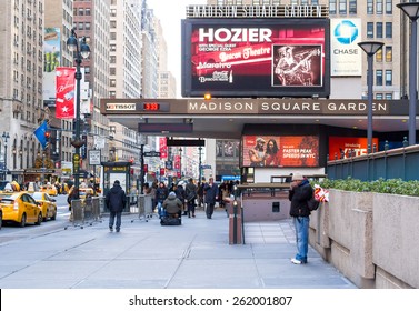 New York, Circa Dec 2014: People Walk In Front Entrance Of Madison Square Garden In Manhattan