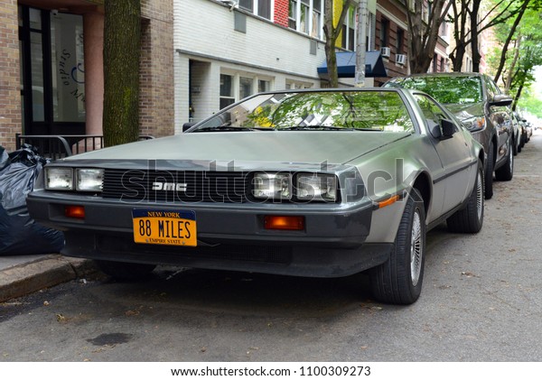 NEW YORK - CIRCA MAY 2018.\
A futuristic design early for its time, the DeLorean starred in the\
film Back to the Future and remains popular with classic car\
enthusiasts.