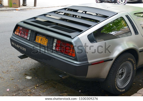 NEW YORK - CIRCA MAY 2018.\
A futuristic design early for its time, the DeLorean starred in the\
film Back to the Future and remains popular with classic car\
enthusiasts.