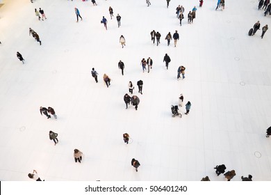 NEW YORK CITY - 1 OCTOBER 2016: Bird's Eye View Of People Walking Around On White Floors, Interior Of Santiago Calatrava's Oculus, Transportation Hub In Lower Manhattan.