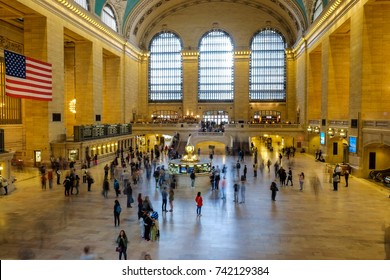 NEW YORK CITY - 1 October 2017: People move along the Interior of the main concourse at historic Grand Central Terminal.