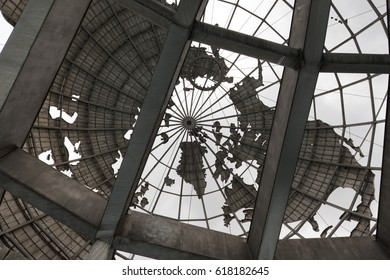 New York City - 12 December 2016: Looking up through the Unisphere, metal earth sculpture for the 1964 New York World's Fair in Flushing Meadows - Corona Park in Queens, New York.