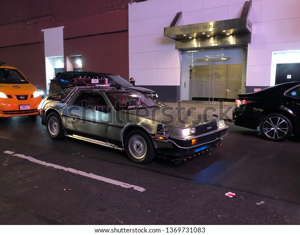 New\
York City 14th April 2019: The DeLorean car from the Back to the\
Future movies taken in Manhattan in New York\
City.