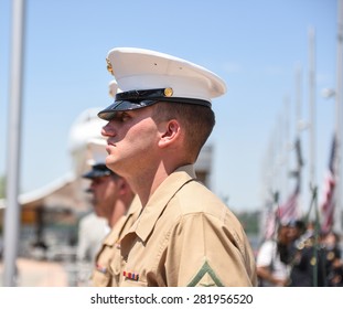 NEW YORK CITY - 25 MAY 2015: Mayor Bill De Blasio & Gen John Kelly Presided Over Memorial Day Observances On Pier 86 By The USS Intrepid. US Marine Honor Guard At Attention On Pier 86