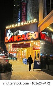 NEW YORK CITY -26 JAN 2018- Night View Of The Ambassador Theater Showing Chicago The Musical In Broadway, Times Square In Manhattan.