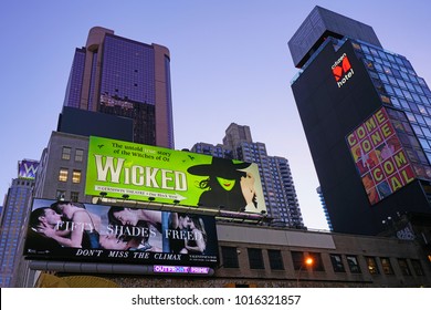 NEW YORK CITY -26 JAN 2018- Night View Of The Ambassador Theater Showing Chicago The Musical In Broadway, Times Square In Manhattan.