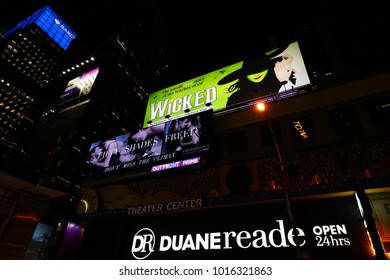 NEW YORK CITY -26 JAN 2018- Night View Of The Ambassador Theater Showing Chicago The Musical In Broadway, Times Square In Manhattan.