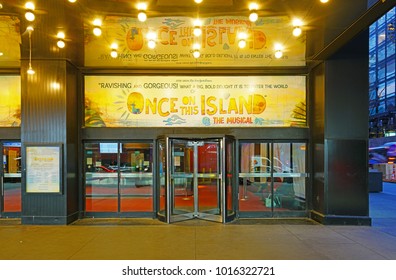 NEW YORK CITY -26 JAN 2018- Night View Of The Circle In The Square Theater Showing The Musical Revival Once On This Island In Broadway, Times Square In Manhattan.