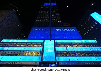 NEW YORK CITY -26 JAN 2018- Night view of the Barclays Times Square building, formerly Lehman Brothers on 7th Avenue in Manhattan .