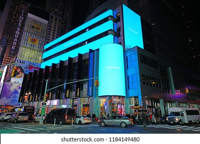 NEW YORK CITY -26 JAN 2018- Night View Of Illuminated Digital Signage On The Morgan Stanley Headquarters Building On Broadway In Times Square, Manhattan, New York.