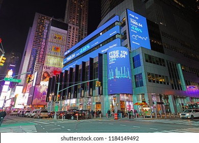 NEW YORK CITY -26 JAN 2018- Night View Of Illuminated Digital Signage On The Morgan Stanley Headquarters Building On Broadway In Times Square, Manhattan, New York.