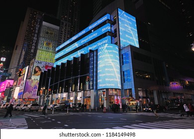 NEW YORK CITY -26 JAN 2018- Night View Of Illuminated Digital Signage On The Morgan Stanley Headquarters Building On Broadway In Times Square, Manhattan, New York.