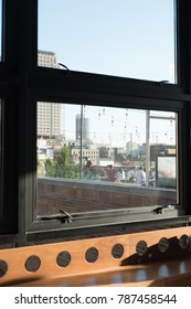 New York City - 26 June 2017: Looking Out The Window Onto The Hip Rooftop Of The Stylish Arlo Soho Hotel In Downtown Manhattan On A Sunny Day. People Sitting Down At Tables Drinking On A Rooftop Bar.