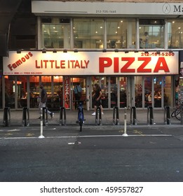 NEW YORK CITY - 27 JULY 2016: Exterior Of The Famous Little Italy Pizza Parlor On 33rd Street And 5th Avenue In Midtown Manhattan. Mostly Empty Citibike Docks Out Front.