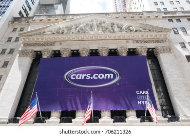 New York City - 3 June 2017: New York Stock Exchange (NYSE) Announces The Initial Public Offering (IPO) Of Cars.com With A Massive Purple Banner On The Stock Exchange's Facade.