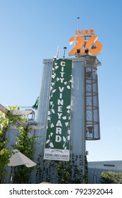 New York City - 3 June 2017: Facade Of City Vineyard At Pier 26 In Lower Manhattan Next To The Hudson River. City Vineyard, Trendy Rooftop Bar In New York.  Sign Against Blue Sky With No Clouds.