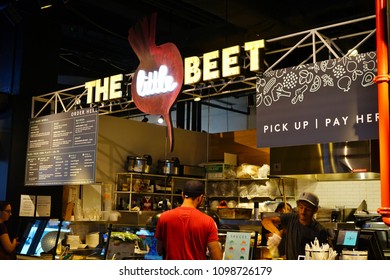 NEW YORK CITY -5 MAY 2018- View of the Pennsy food hall, a gourmet food court located above Penn Station and Madison Square Garden in New York City. It includes the Cinnamon Snail vegan restaurant.