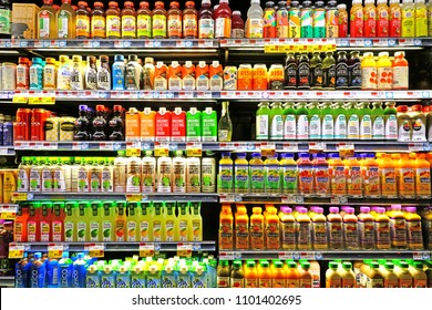 NEW YORK CITY -5 MAY 2018- View of colorful bottles of cold drinks on display at a Whole Foods store.
