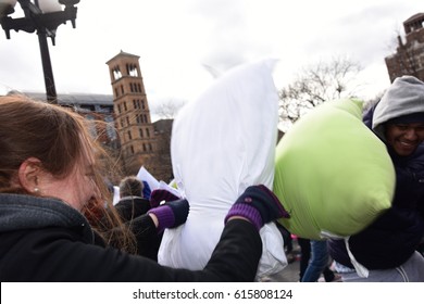 NEW YORK CITY - APRIL 1 2017: More than one hundred New Yorkers gathered at Washington Square Park for the 12th annual Pillow Fight to benefit NYC homeless shelters