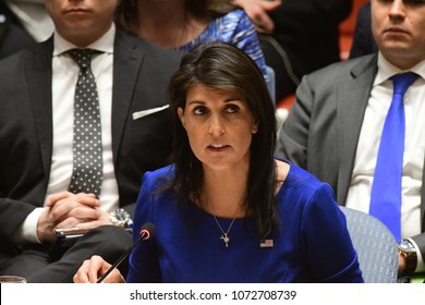 NEW YORK CITY - APRIL 14 2018: The UN Security Council held an emergency to debate & vote a Russian resolution condemning US & Allied aggression against Syria. US Representative Nikki  Haley