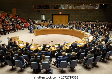 NEW YORK CITY - APRIL 14 2018: The UN Security Council Held An Emergency To Debate & Vote A Russian Resolution Condemning US & Allied Aggression Against Syria