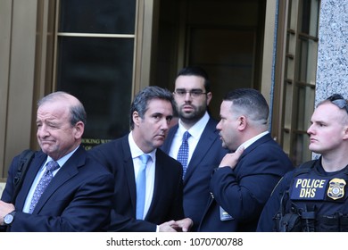 NEW YORK CITY - APRIL 16 2018: Donald Trump's personal attorney, Michael Cohen & adult film star, Stormy Daniels appeared in federal court in Lower Manhattan. Michael Cohen leaves court after hearing