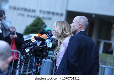 NEW YORK CITY - APRIL 16 2018: Donald Trump's personal attorney, Michael Cohen & adult film star, Stormy Daniels appeared in federal court in Lower Manhattan. Stormy Daniels leaves court after hearing