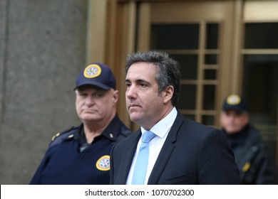 NEW YORK CITY - APRIL 16 2018: Donald Trump's personal attorney, Michael Cohen & adult film star, Stormy Daniels appeared in federal court in Lower Manhattan. Michael Cohen leaves court after hearing
