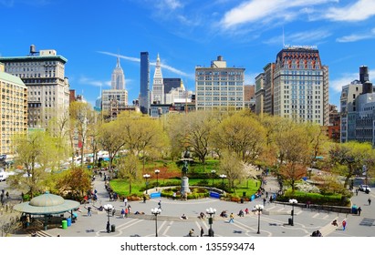 NEW YORK CITY - APRIL 17: Union Square April 17, 2013 In New York, NY. The Commissioners' Plan Of 1811 Created Such An Awkward Angle At The Location That A Square Was Preferred Over Buildings.