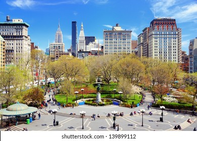 NEW YORK CITY - APRIL 17: Union Square April 17, 2013 In New York, NY. The Commissioners' Plan Of 1811 Created Such An Awkward Angle At The Location That A Square Was Preferred Over Buildings.