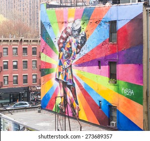 NEW YORK CITY - APRIL 17: Mural art by brazilian artist Eduardo Kobra based on Alfred Eisenstaedt's photo from V-J Day in Times Square, on April 17, 2015 in New York City. 