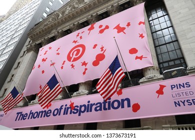 NEW YORK CITY APRIL 18th 2019: Pinterest IPO BANNER On New York Stock Exchange (NYSE) Building In Manhattan Financial District