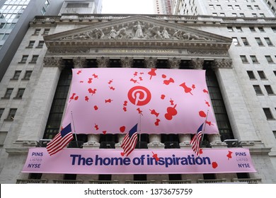 NEW YORK CITY APRIL 18th 2019: Pinterest IPO BANNER On New York Stock Exchange (NYSE) Building In Manhattan Financial District