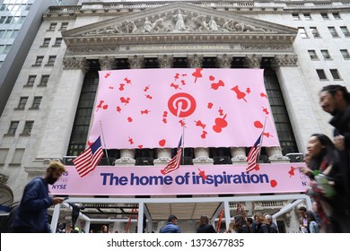 NEW YORK CITY APRIL 18th 2019: Pinterest IPO BANNER On New York Stock Exchange (NYSE) Building In Manhattan Financial District