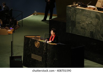 NEW YORK CITY - APRIL 19 2016: The UN General Assembly Special Session Met To Tackle The World Drug Problem. World Health Organization Chair Margaret Chan Speaks