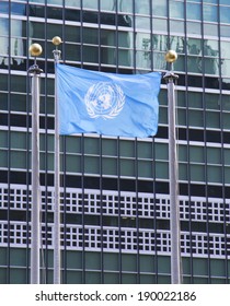 NEW YORK CITY - APRIL 27  United Nations Flag in the front of UN Headquarter in New York on April 27, 2014
